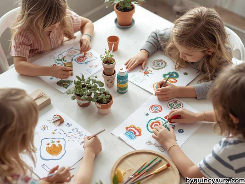 A bright, soft-lit scene of kids sitting at a table planning their DIY herb planter designs, with paper sketches showing colorful patterns like stripes, dots, and flowers, surrounded by terra cotta pots, acrylic paints, and brushes, clean white or light wooden table.