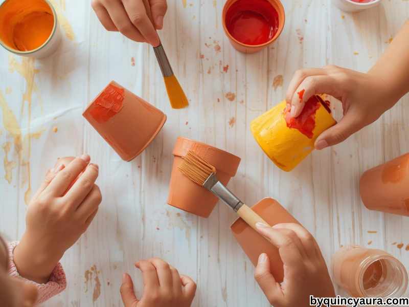 A bright, cheerful scene of kids painting a solid base coat on small terra cotta pots using acrylic paint, with hands holding brushes and covering the pots in smooth, even strokes, surrounded by colorful paints on a clean white or light wooden table