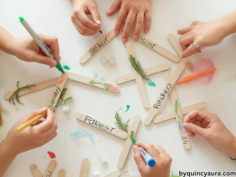 A bright, soft-lit flat lay of kids making DIY herb markers using wooden craft sticks, with hands writing herb names like basil, mint, and parsley using markers and paint pens, some sticks decorated with colors and small drawings, arranged on a clean white or light wooden table
