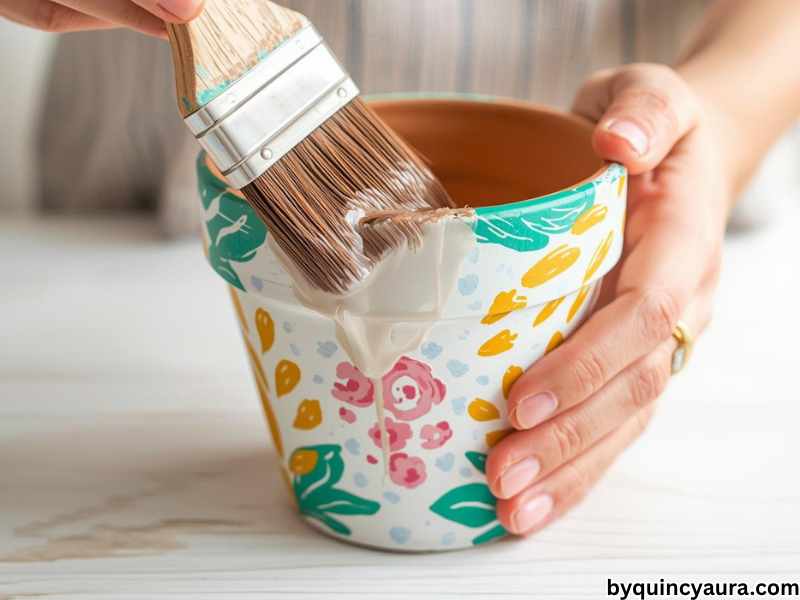 A bright, soft-lit close-up of hands applying a clear sealer or Mod Podge to a painted terra cotta pot using a wide brush, showing a glossy finish forming on colorful designs, set on a clean white or light wooden table