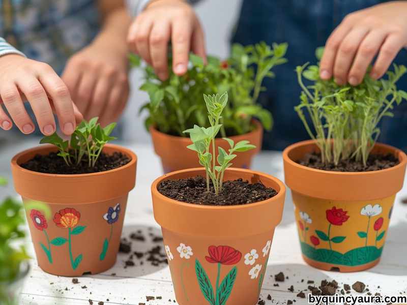 A bright, natural scene of kids planting seeds or small herb seedlings into decorated terra cotta pots filled with soil, with hands digging small holes and placing seeds or plants, soil slightly messy on a clean white or light wooden table.