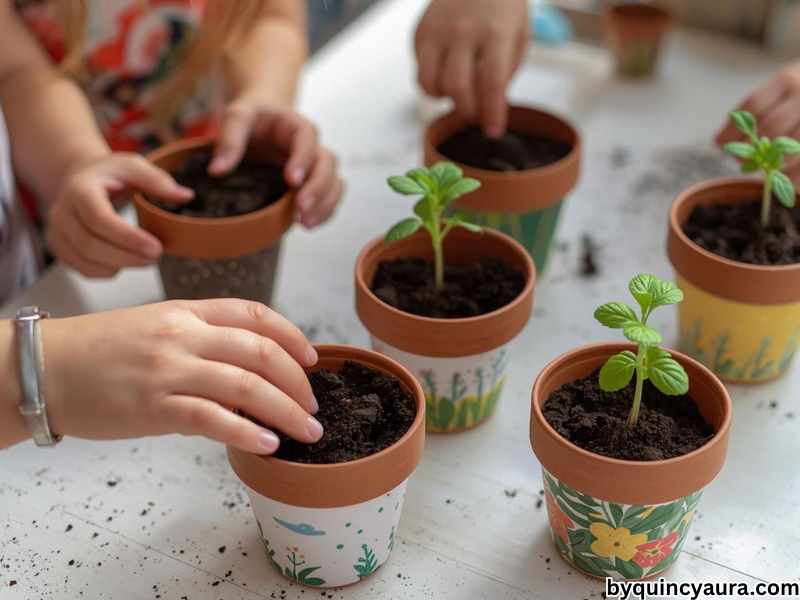 A bright, natural scene of kids planting seeds or small herb seedlings into decorated terra cotta pots filled with soil, with hands digging small holes and placing seeds or plants, soil slightly messy on a clean white or light wooden table.