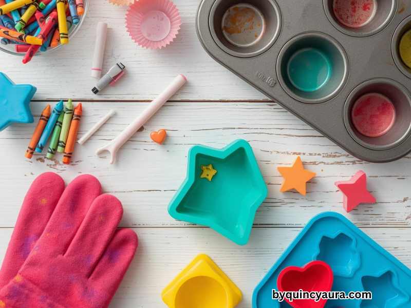 A bright, colorful flat lay of crayon melting craft supplies arranged neatly on a clean white or light wooden table, including broken crayons in different colors (some peeled, some with wrappers), a muffin tin, silicone muffin cups or cupcake liners, a crayon peeler or small hands removing wrappers, oven mitts, and optional fun silicone molds like stars and heart.