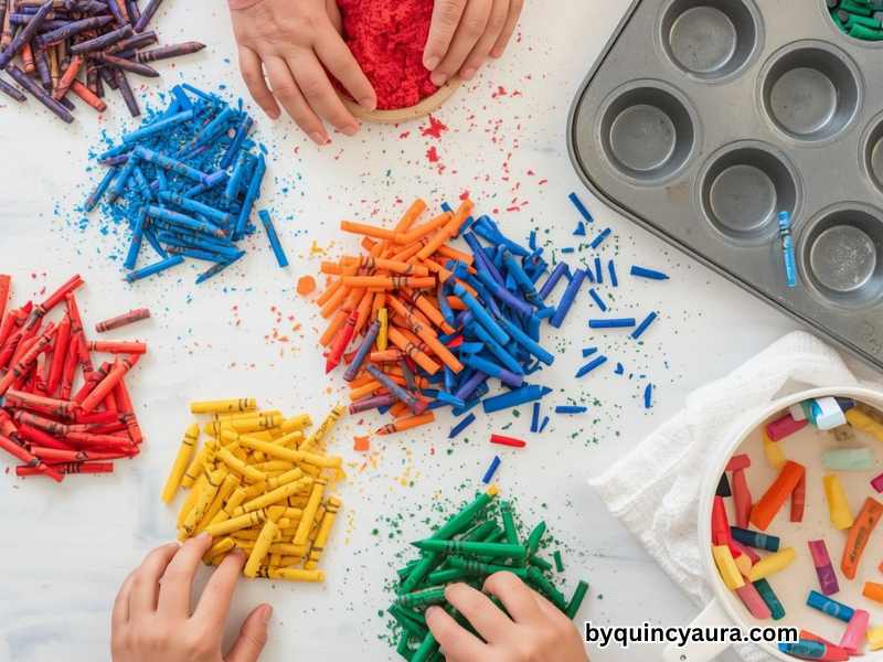 A bright, colorful scene of kids sorting broken crayons by color on a clean white or light wooden table, with piles of reds, blues, greens, and mixed rainbow pieces, small hands arranging crayons into groups, muffin tin nearby.