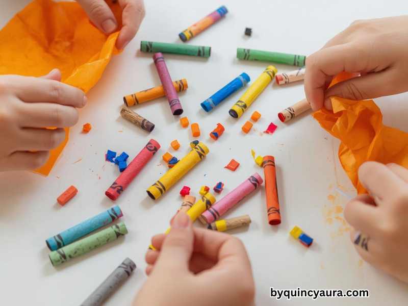 A bright, close-up scene of kids peeling paper wrappers off broken crayons, with small hands removing wrappers and breaking crayons into smaller pieces on a clean white or light wooden table, colorful crayon pieces scattered around