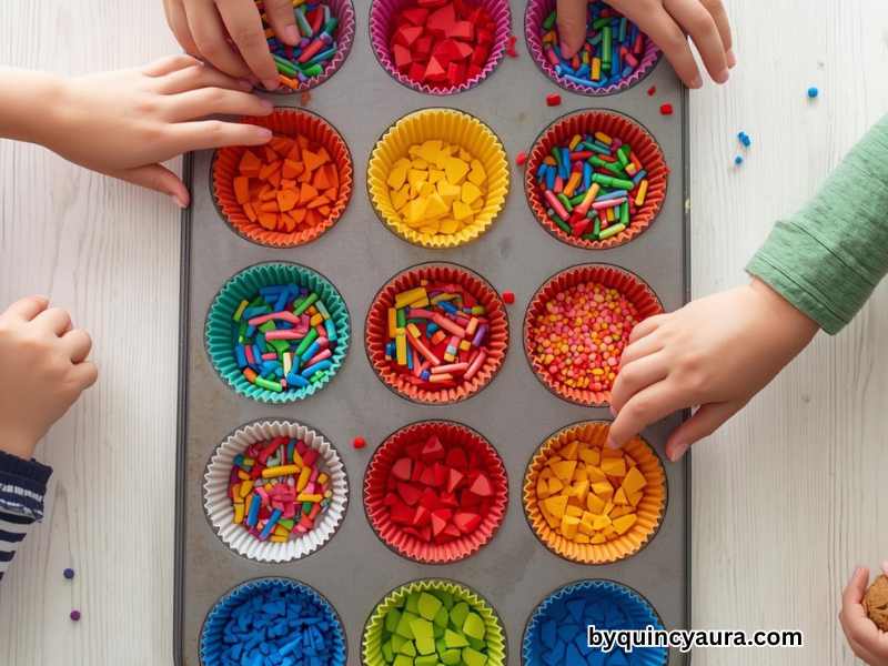 A bright, colorful scene of kids filling a muffin tin lined with silicone cups or foil liners with small broken crayon pieces, showing hands placing and arranging different colors into each cup, set on a clean white or light wooden table