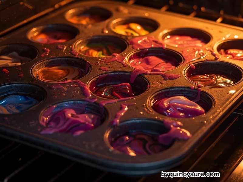 A warm, glowing scene of a muffin tin filled with melted crayons inside an oven, showing smooth pools of swirling vibrant colors, with the oven light illuminating the melted wax, cozy kitchen setting