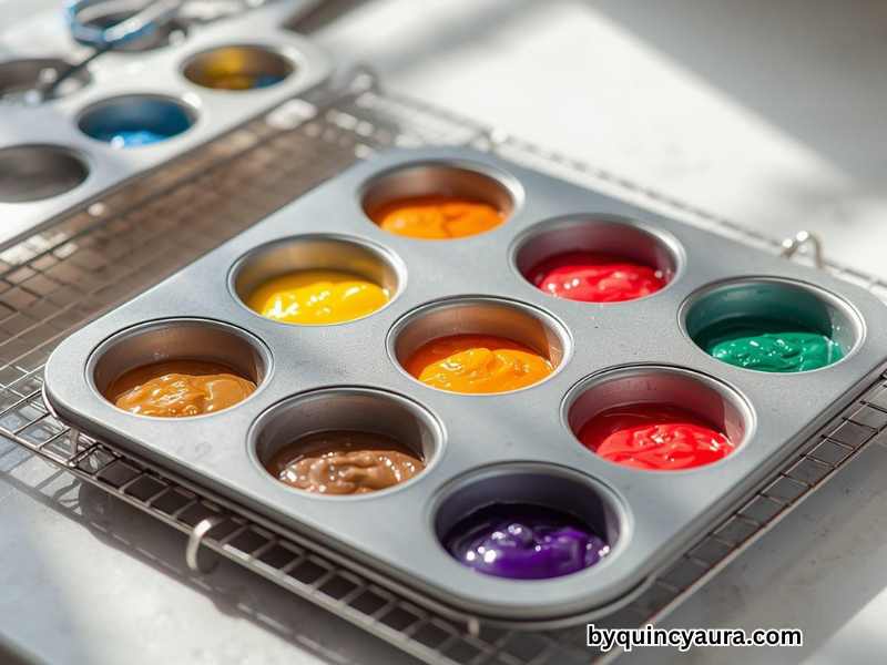 A soft, calm scene of a muffin tin filled with melted crayons cooling on a clean kitchen counter or cooling rack, with vibrant colors beginning to set, natural light streaming in