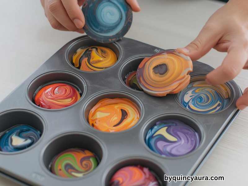 A bright, exciting scene of hands popping colorful melted crayons out of a silicone muffin tin, showing vibrant swirled crayon shapes being removed, set on a clean white or light wooden table