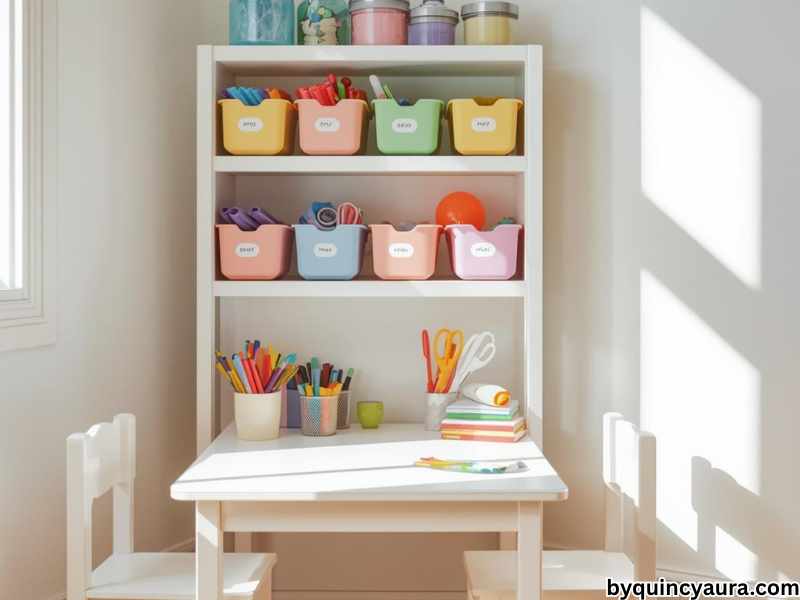 A bright and cheerful photo of a cozy kids craft corner in a home setting. A small white child-sized table and chairs sit in a sunny corner near a window. 