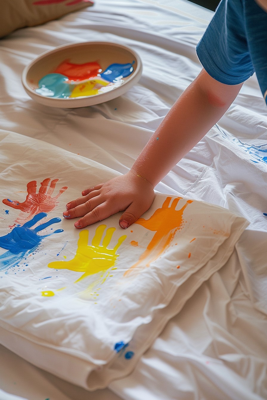 child pressing her hand on a pillowcase.