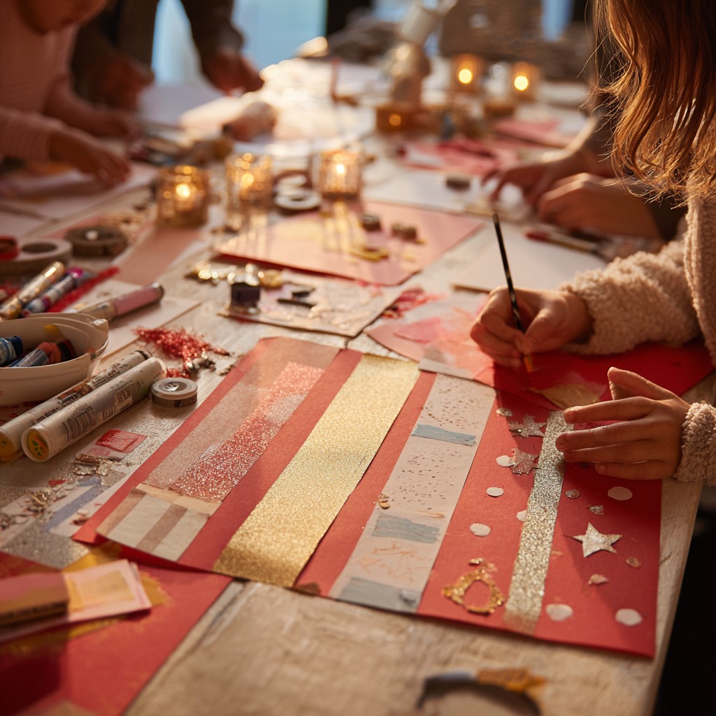 kids decorating paper lantern sheets laid flat on a table in a cozy home.