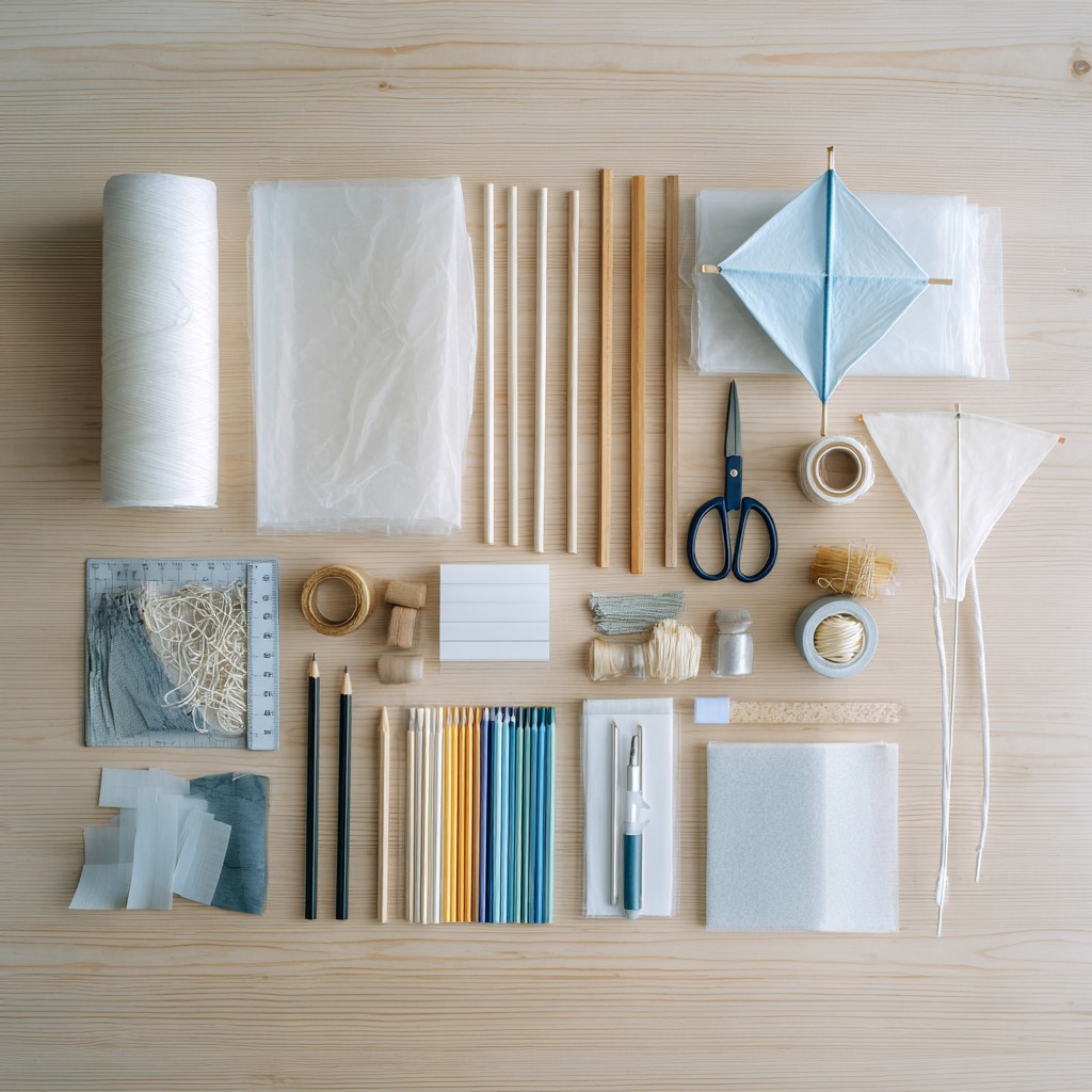 flat lay for materials for kite making.