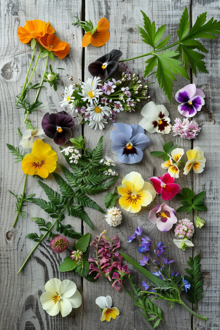 flat lay photo of assorted fresh flowers arranged on a wooden table.