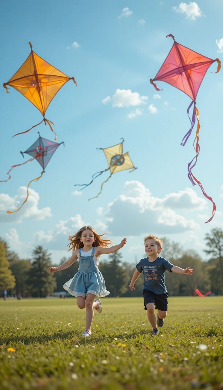 children runnig with kites