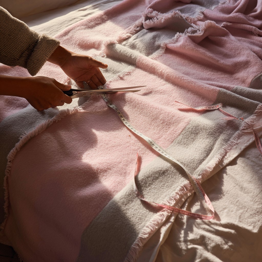 someone cutting the no sew fleece blanket