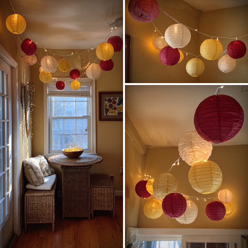 A cozy home space beautifully decorated with handmade paper lanterns in deep red, soft gold, and cream.