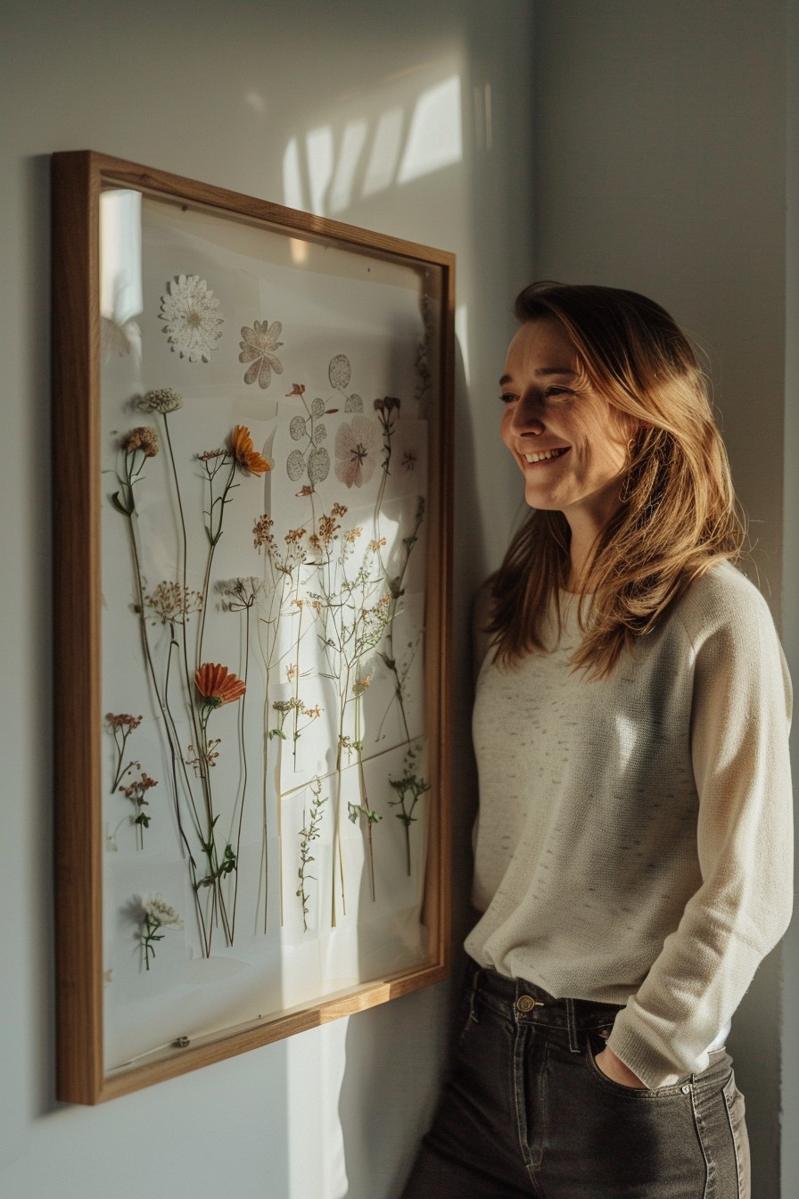A lady staring at a pressed flower wall art.