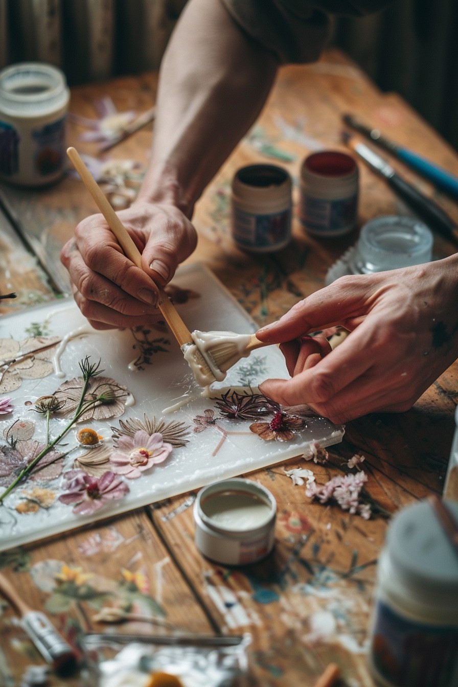 someone applying a thin layer of clear Mod Podge glue onto a pressed flower artwork