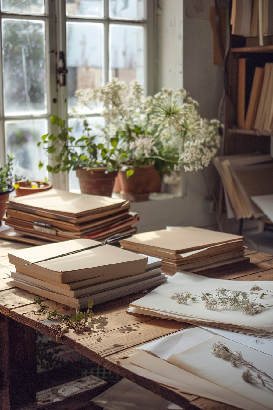 stack of books, flowers, pair of tweezers on a table.