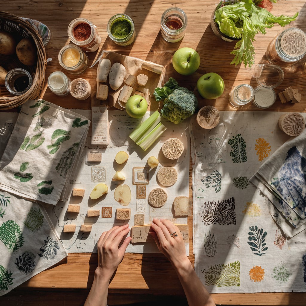 a flat lay of kitchen household items and someone stamping with household items