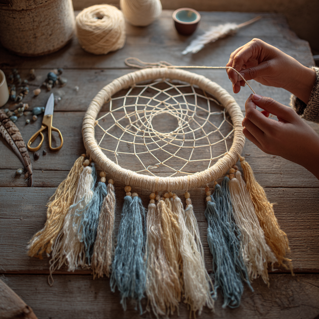 someone weaving the threads of a dreamcatcher