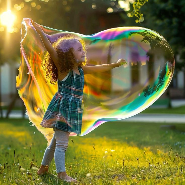 girl playing with giant bubbles