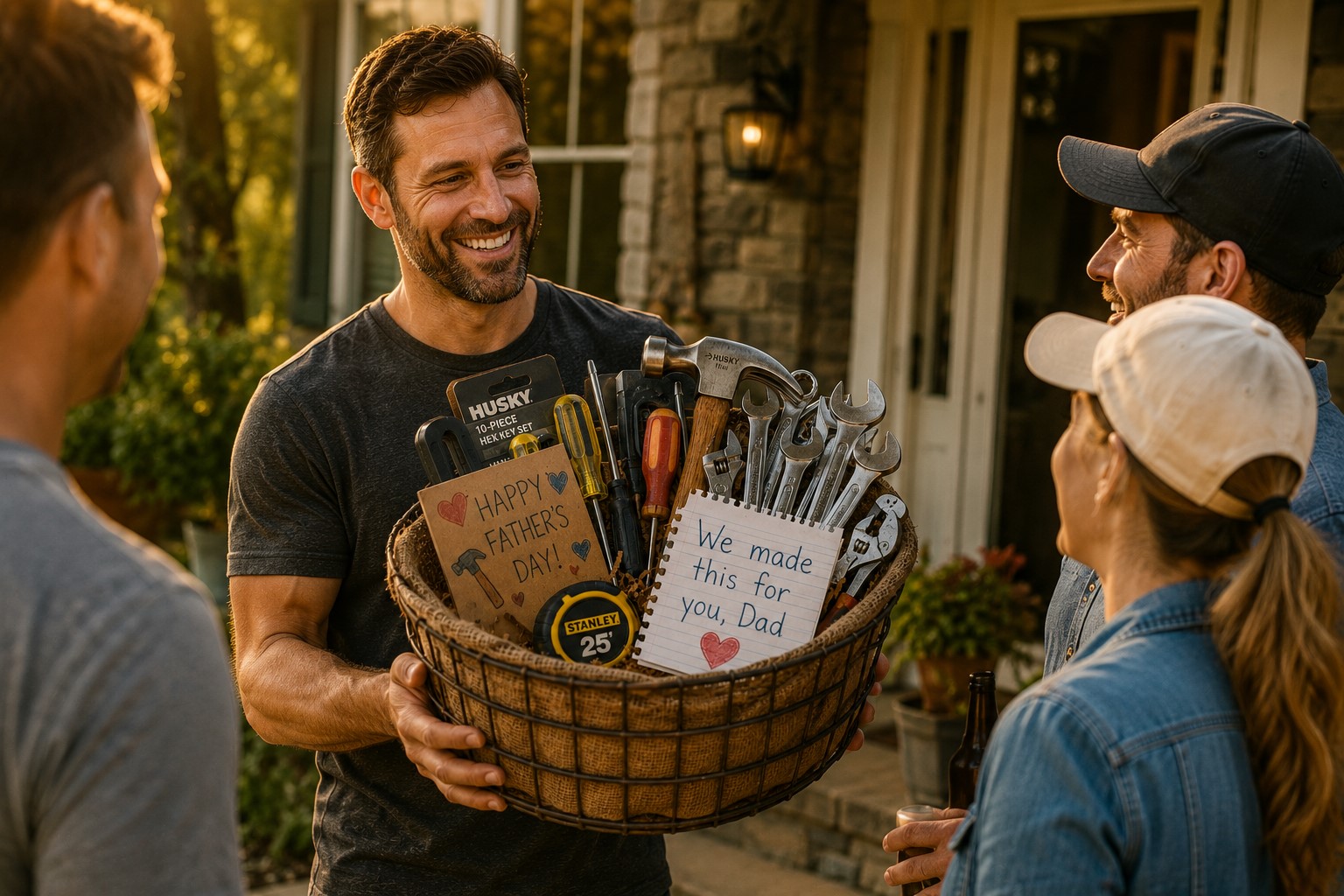A happy father showing off his gifts