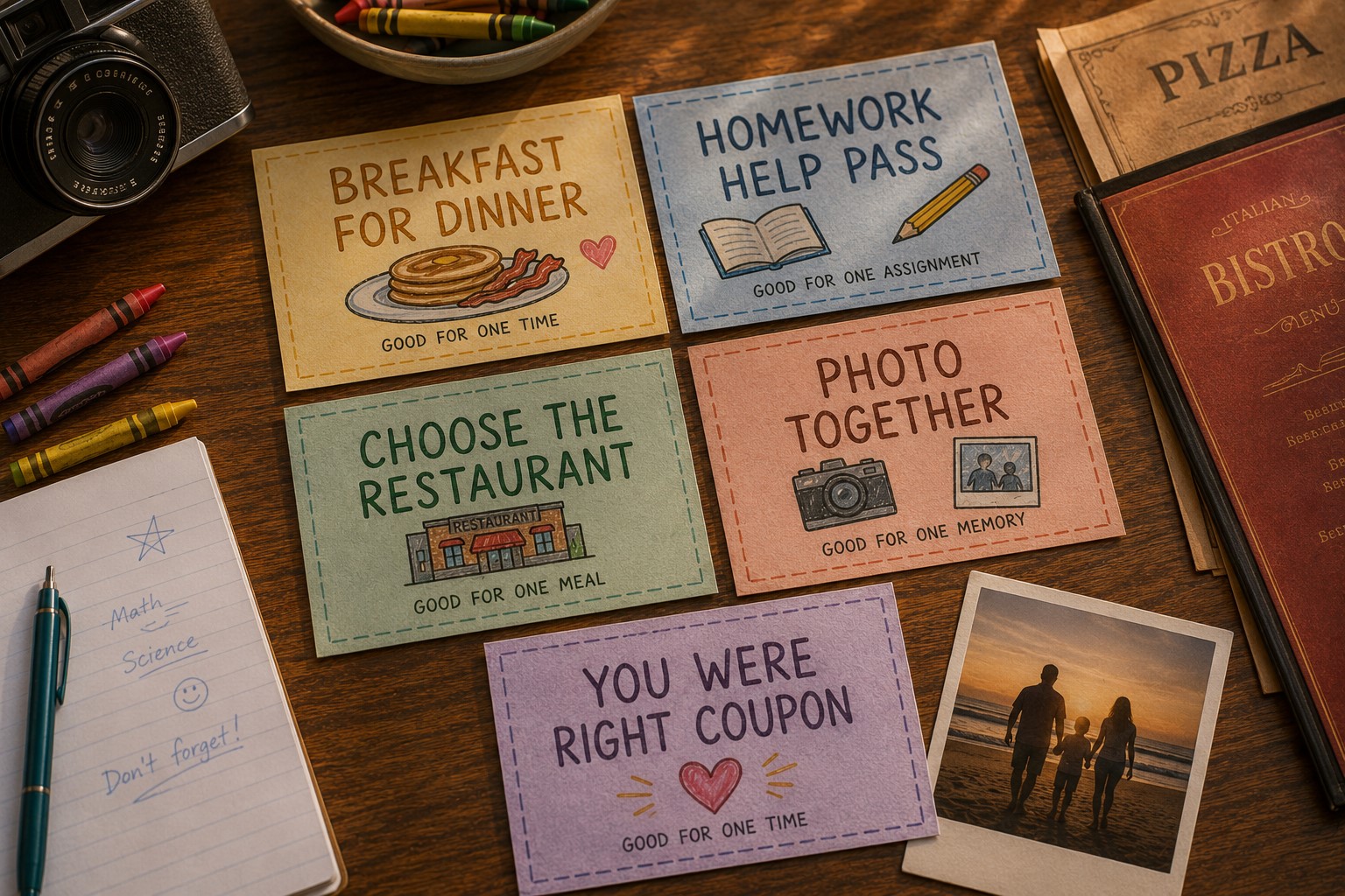 Cozy creative tabletop with coupons and doodles