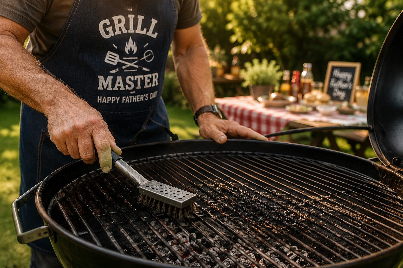A man cleaning the grill grates with a wire brush
