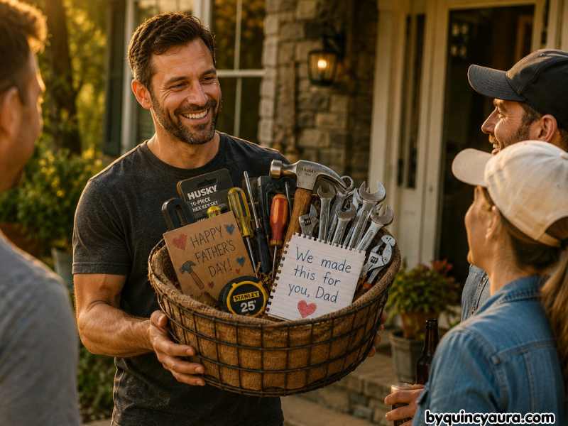A happy father showing his gift basket to neigbours