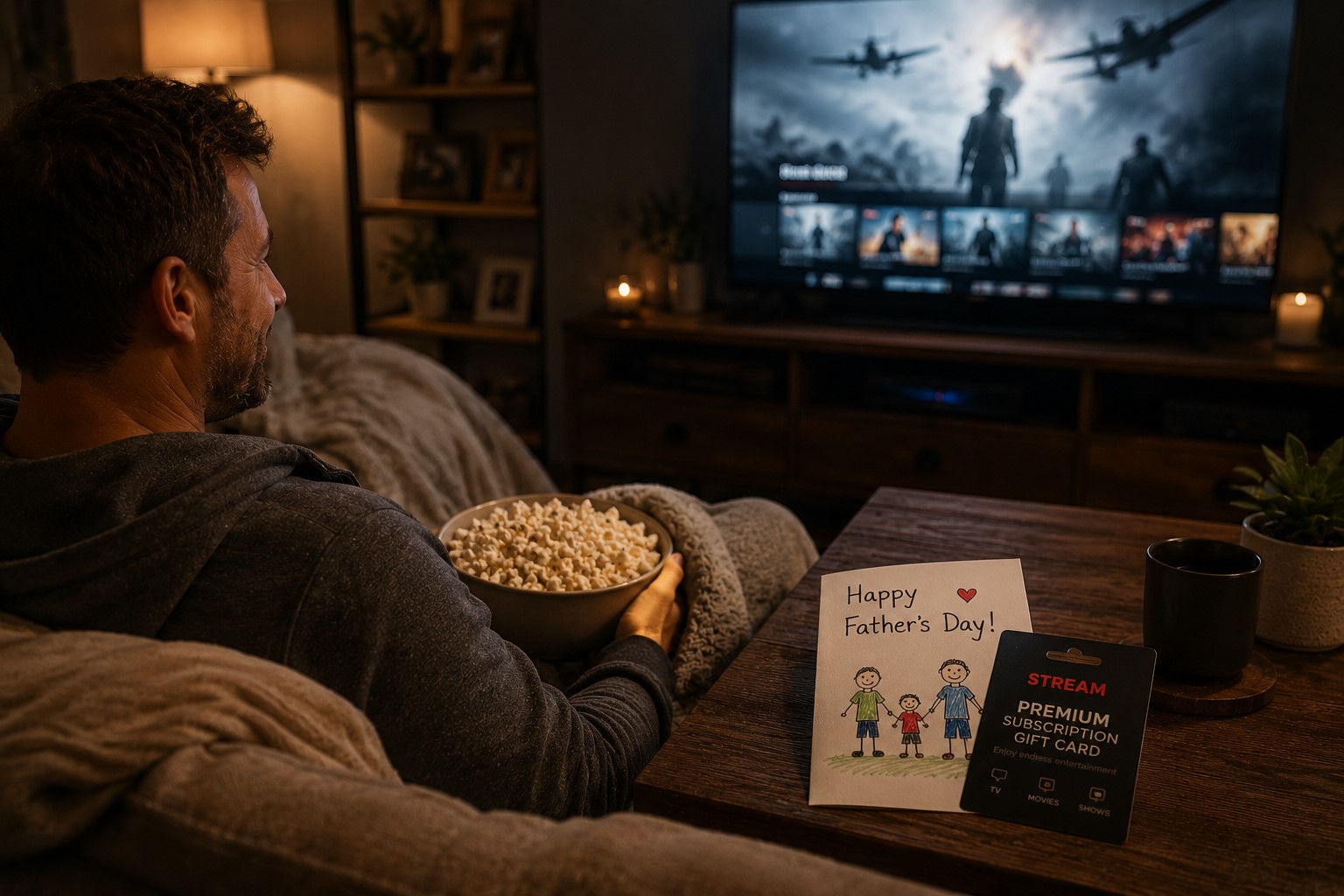 A father eating popcorn and watching movie