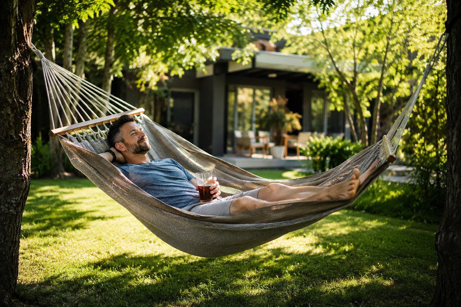 A man relaxing in a hammock