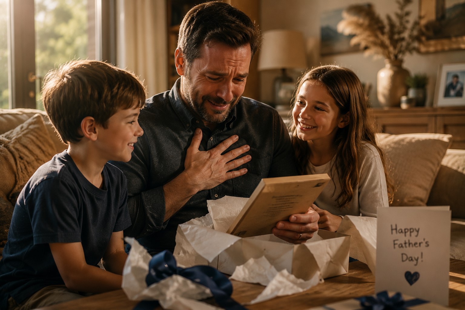  a father opening a thoughtful Father's Day gift while sitting in a beautifully styled living room. 