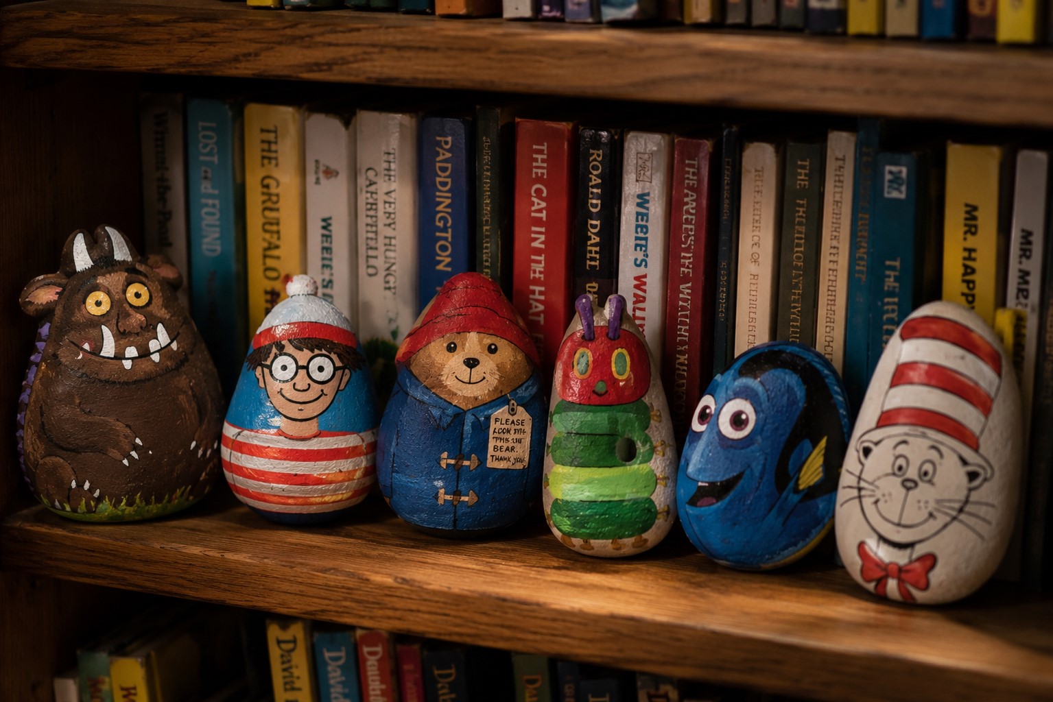 stone on bookshelf