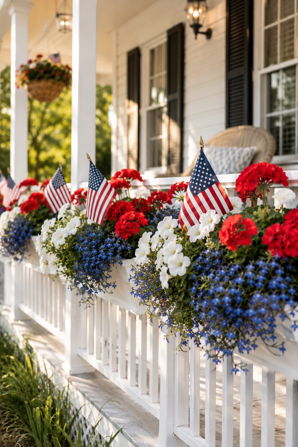 flowers on patriotic porch