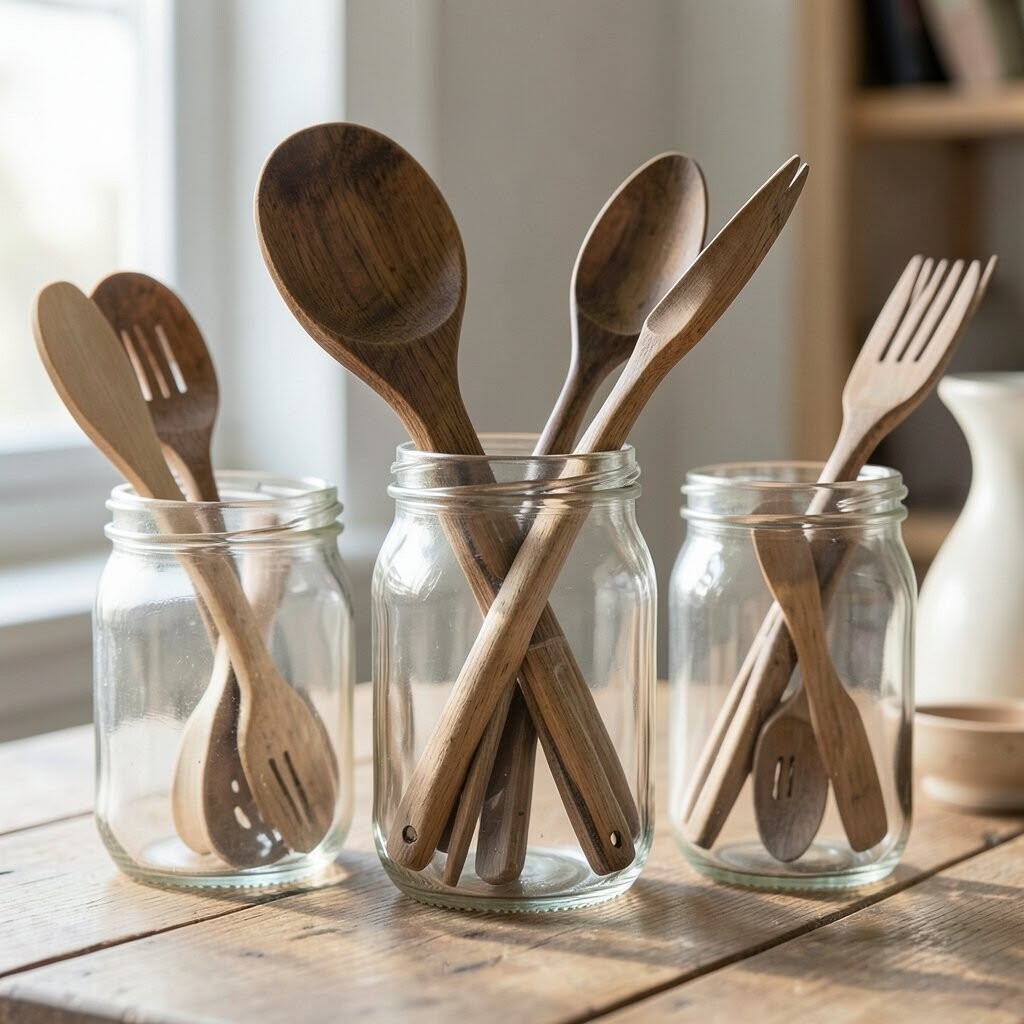 a Glass Jar with Wooden Utensils