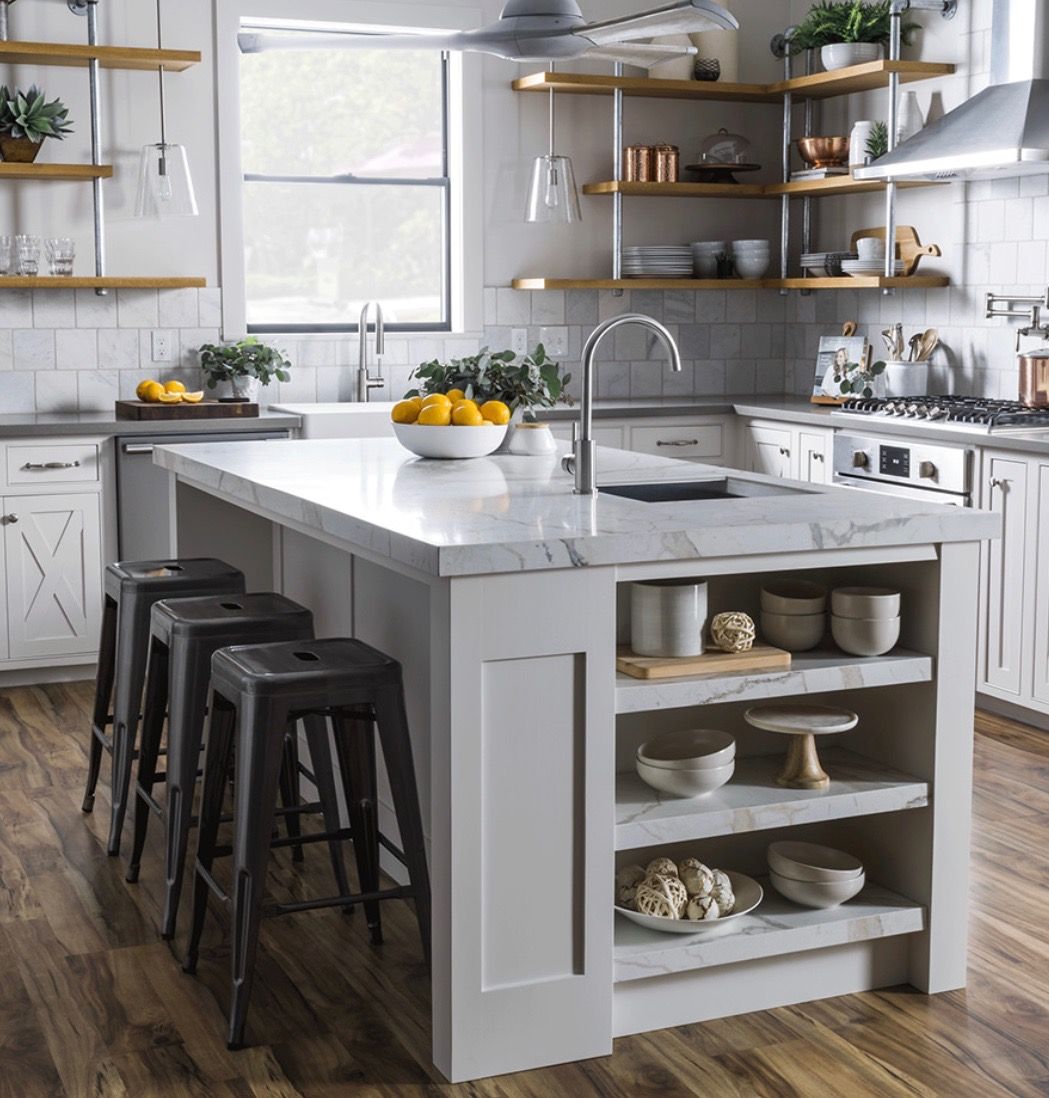 kitchen islands with shelves underneath.