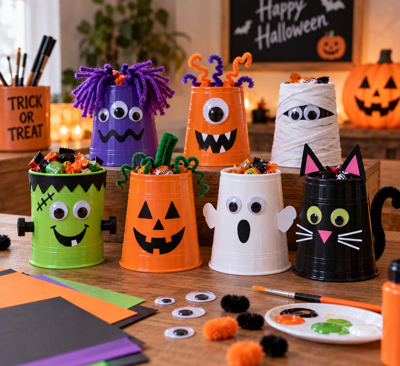 Make Little Halloween Monsters From Plastic Cups