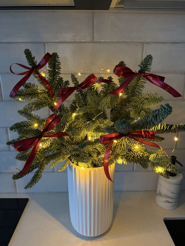 A Christmas ribbon tied around a vase