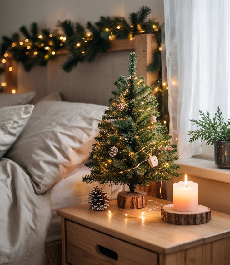 A tiny Christmas tree on a bedside table