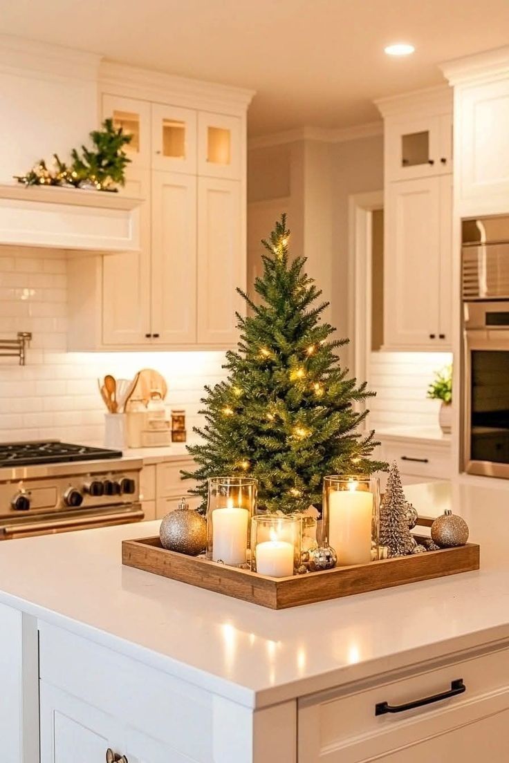 A wooden cutting board can sit behind a Christmas arrangement in the kitchen.