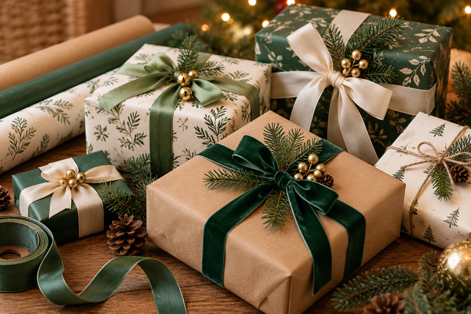 Cozy Green and Gold Gift Wrapping