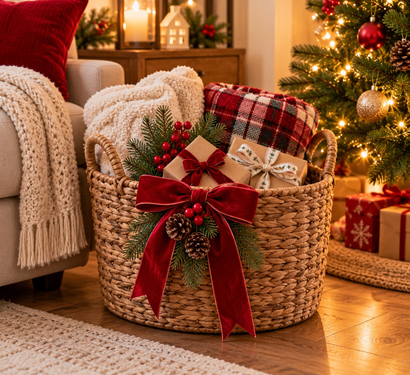 Turn Baskets Into Cozy Christmas Displays