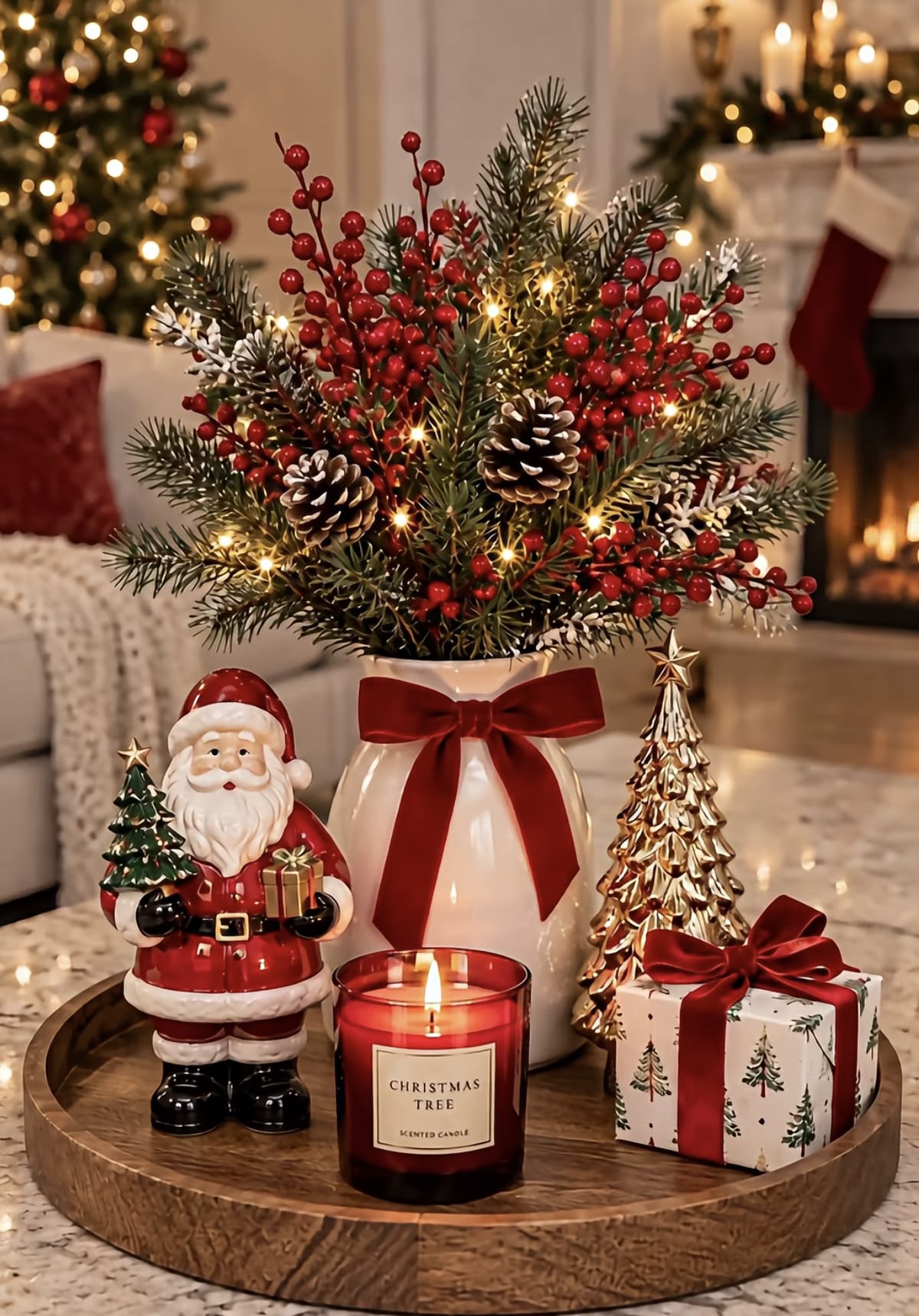 tray with christmas ornaments